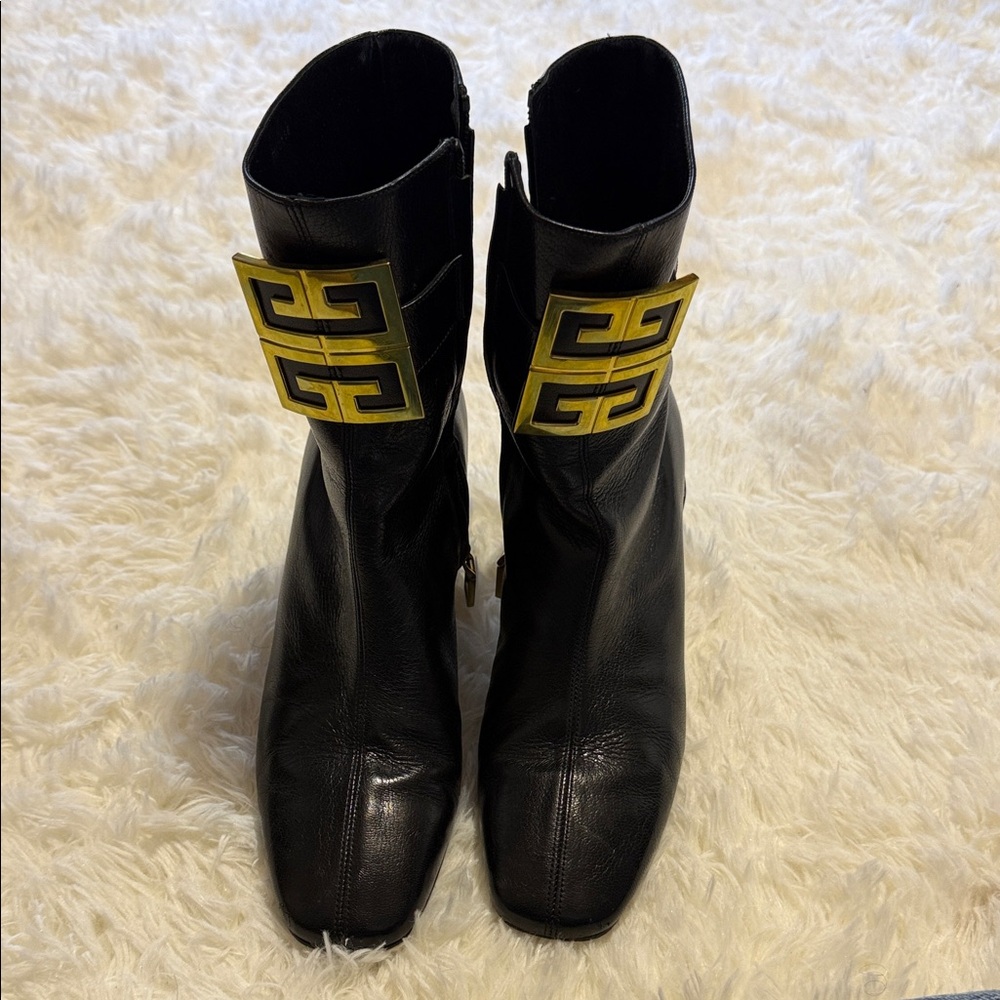 GIVENCHY Black Leather Ankle Boots with Gold Accent 4G